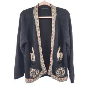 Vintage Alpaca Wool Cardigan Sweater With Llama Design & Patterned Trim